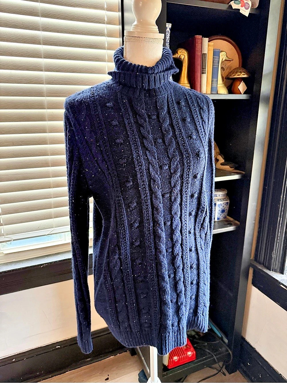 Lands' End Cable Knit Turtleneck in Blue Size Large